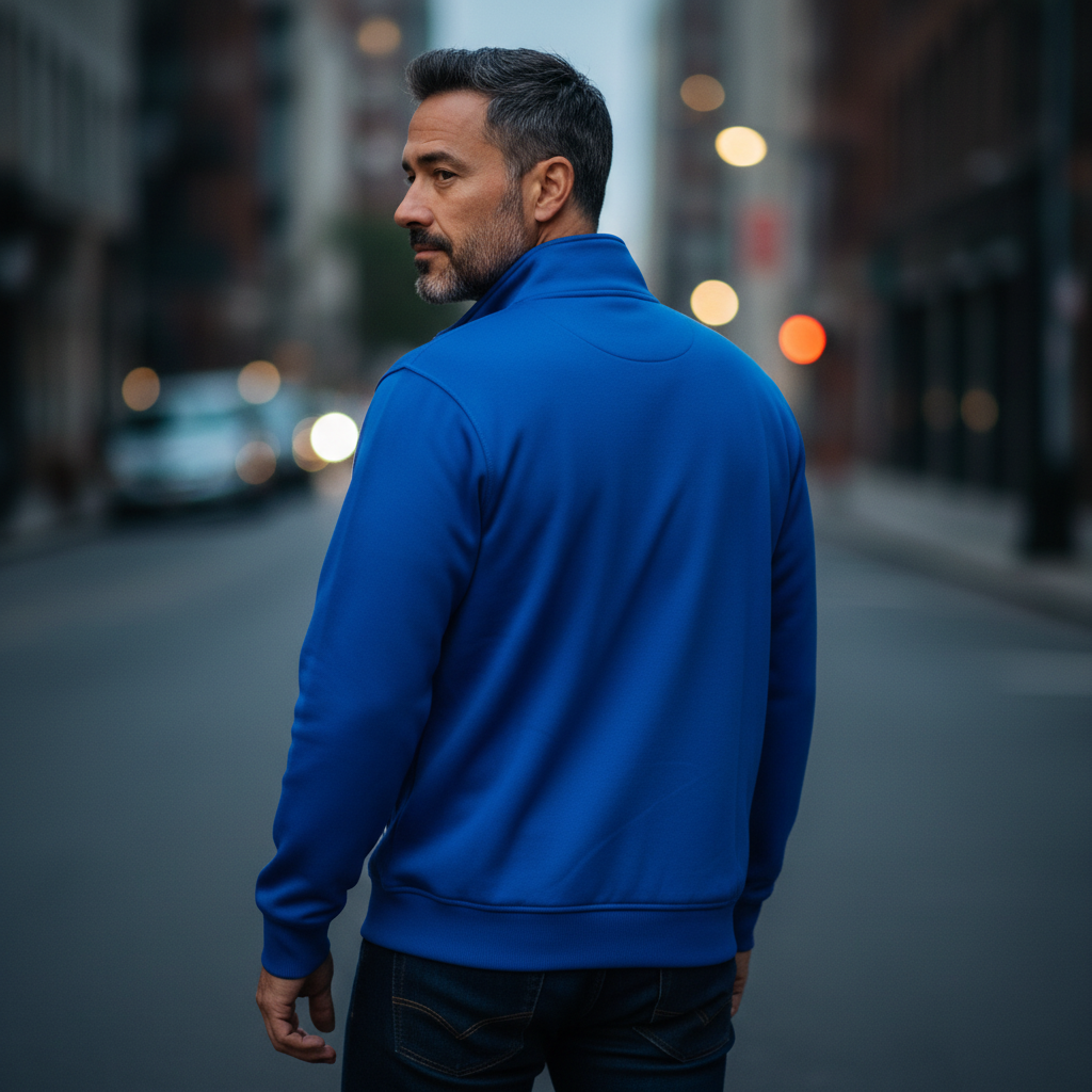 Hombre con sudadera azul con cremallera U.S. Grand de liquidationlive, vista trasera en entorno urbano