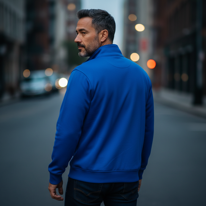 Hombre con sudadera azul con cremallera U.S. Grand de liquidationlive, vista trasera en entorno urbano