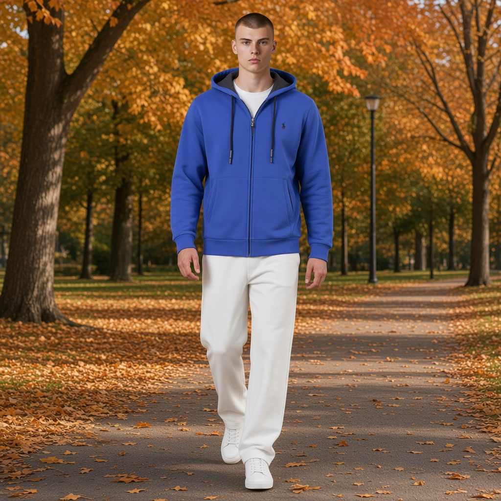 Hombre caminando en parque otoñal vistiendo sudadera azul con cremallera y capucha de la marca liquidationlive
