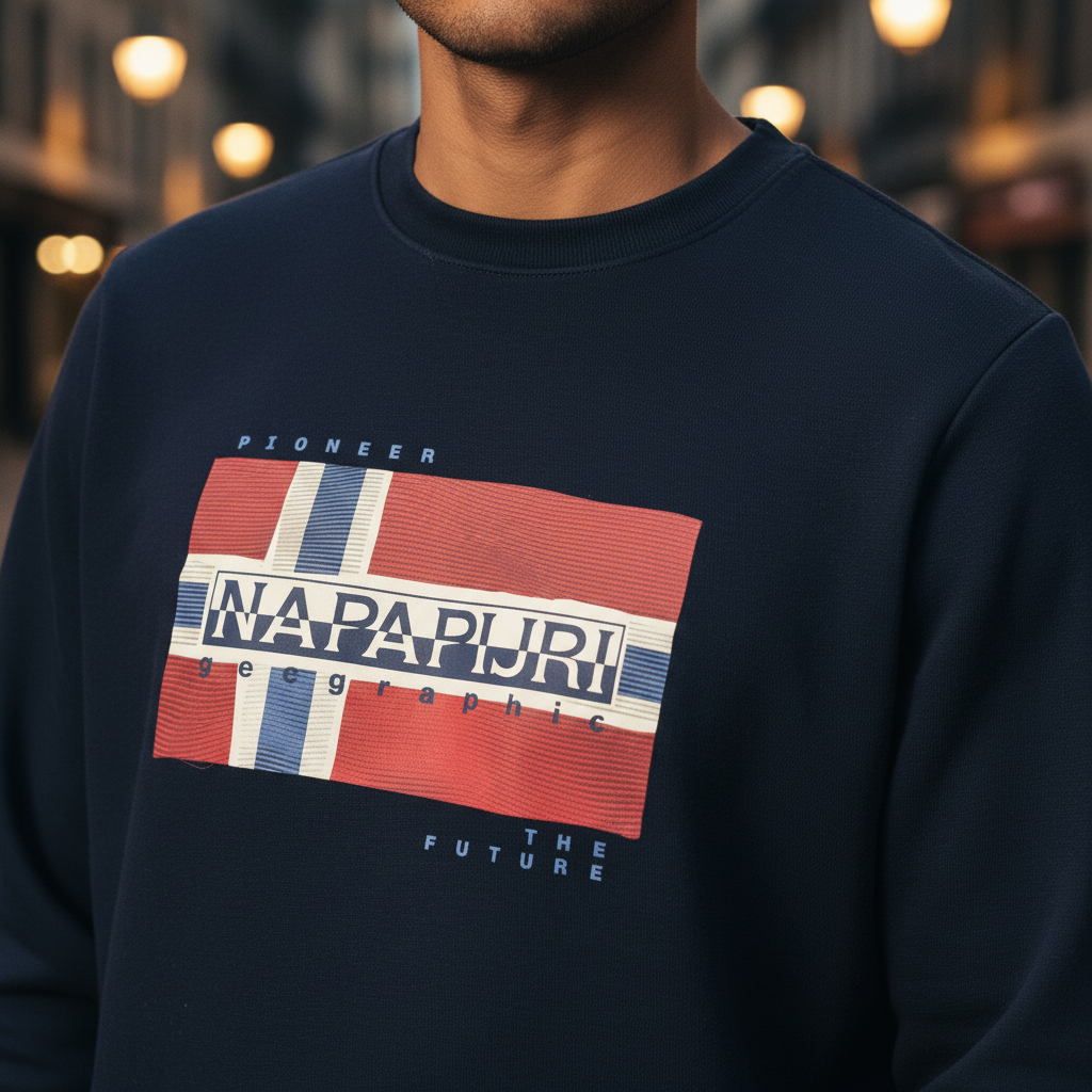 Sudadera azul marino de cuello redondo liquidationlive con estampado de la bandera y logo de Napapijri en el pecho