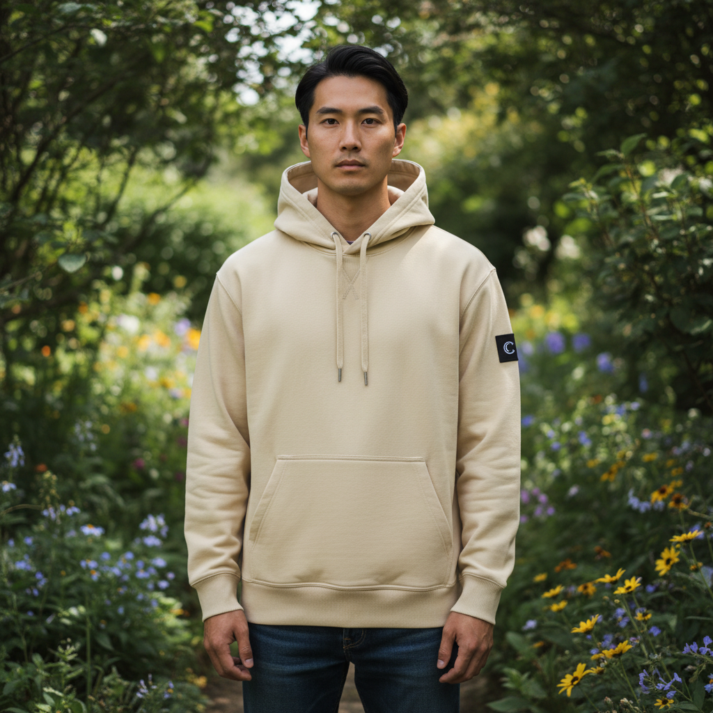Hombre con sudadera beige con capucha Calvin Klein de tacto polar y bolsillo central en un jardín