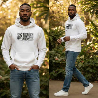 Hombre con sudadera blanca con capucha liquidationlive y estampado gráfico, combinada con vaqueros azules y zapatillas
