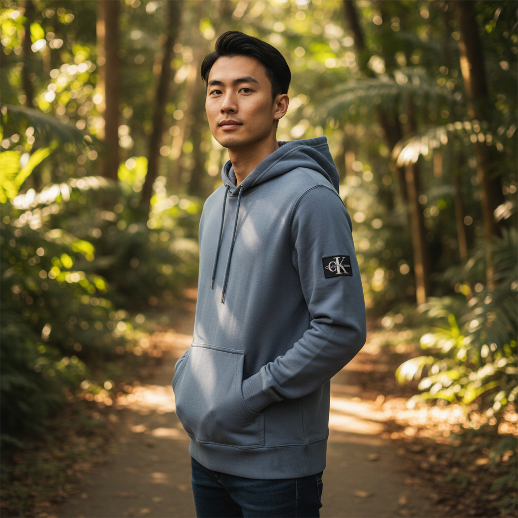 Hombre vistiendo sudadera azul con capucha Calvin Klein de liquidationlive en un entorno boscoso