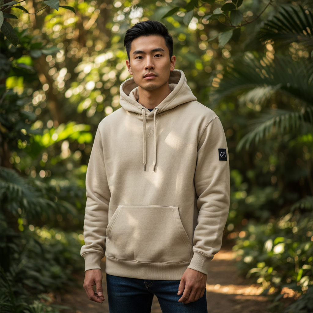 Hombre vistiendo sudadera beige con capucha y tacto polar de liquidationlive en un entorno natural