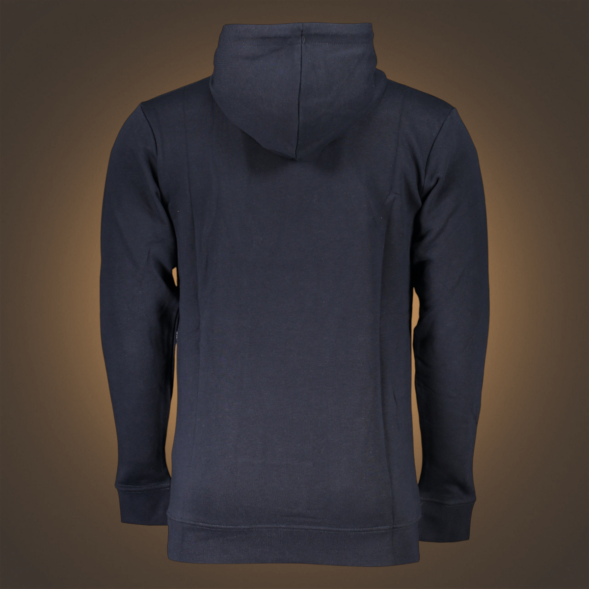 Vista trasera de sudadera con capucha azul marino de liquidationlive con diseño liso y corte cómodo