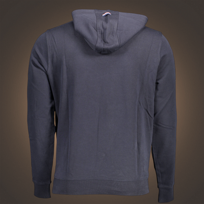 Vista trasera de sudadera con capucha azul marino de liquidationlive con detalle tricolor en la parte superior