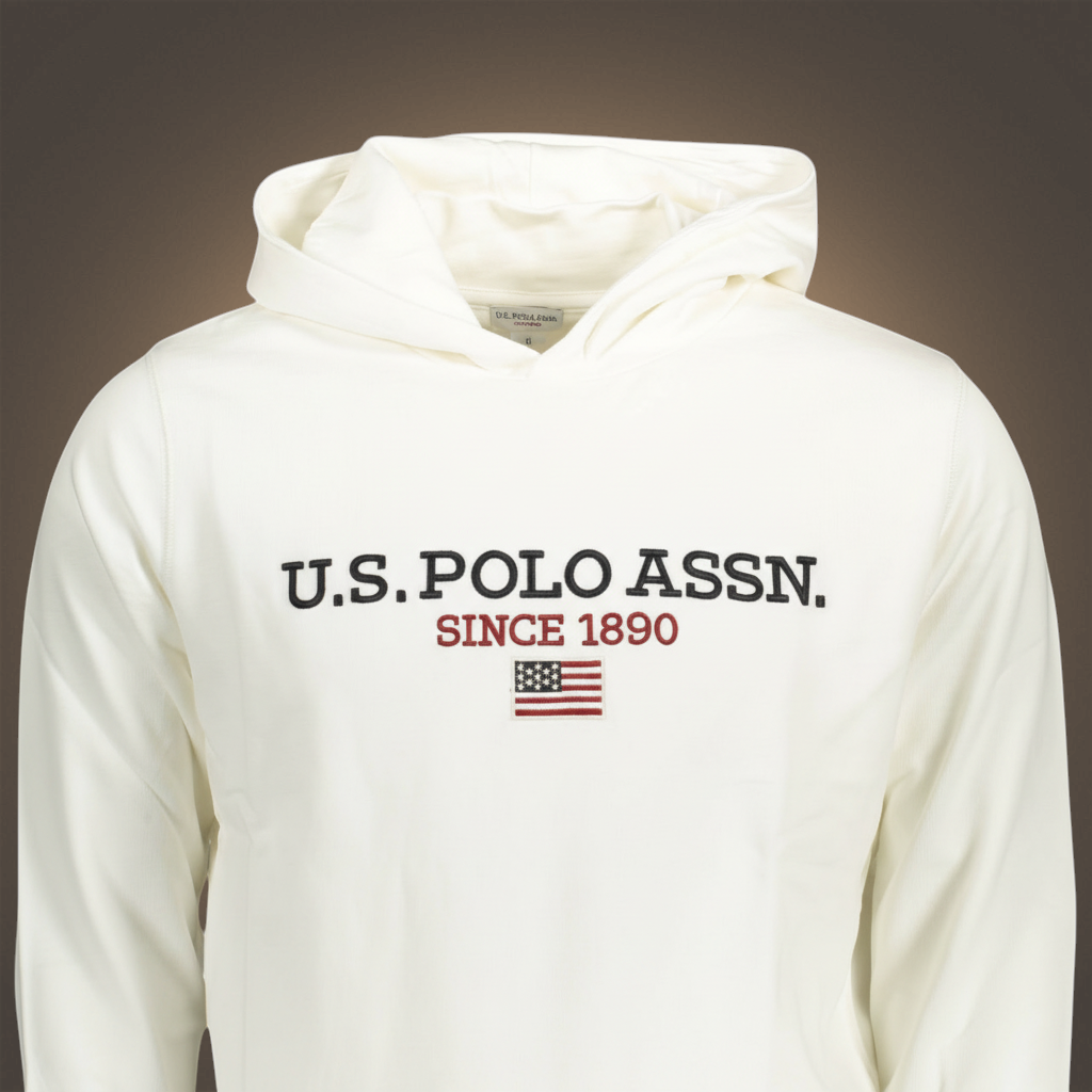 Sudadera con capucha blanca liquidationlive U.S. Polo Assn. con logo bordado y bandera estadounidense en el pecho