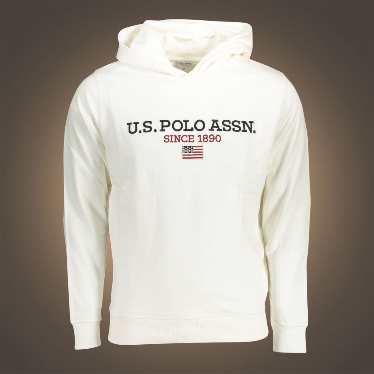 Sudadera con capucha blanca liquidationlive U.S. Polo Assn. con logo bordado y bandera estadounidense en el pecho