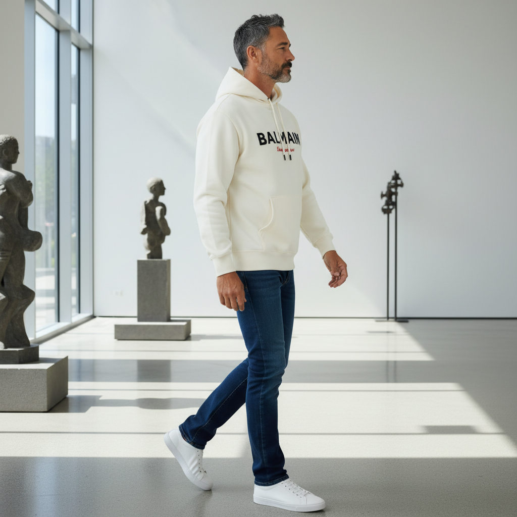 Hombre caminando con sudadera con capucha color crema de liquidationlive, jeans oscuros y zapatillas blancas.