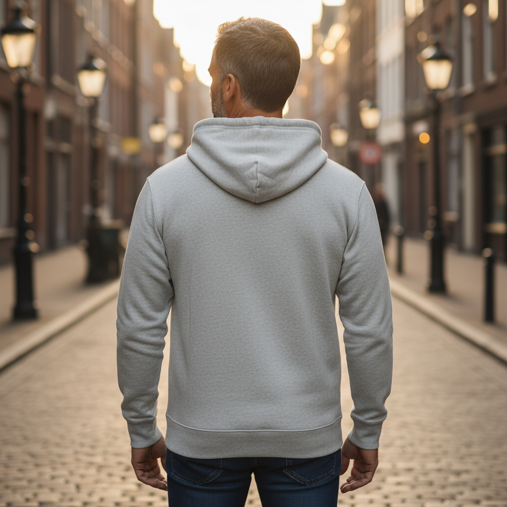 Hombre de espaldas vistiendo sudadera con capucha gris de liquidationlive en una calle urbana al atardecer