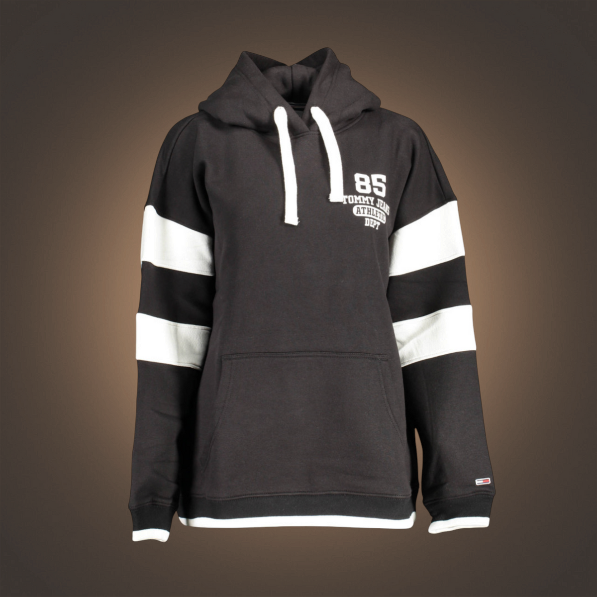 Sudadera con capucha negra liquidationlive con rayas blancas en las mangas, bolsillo frontal y logo bordado