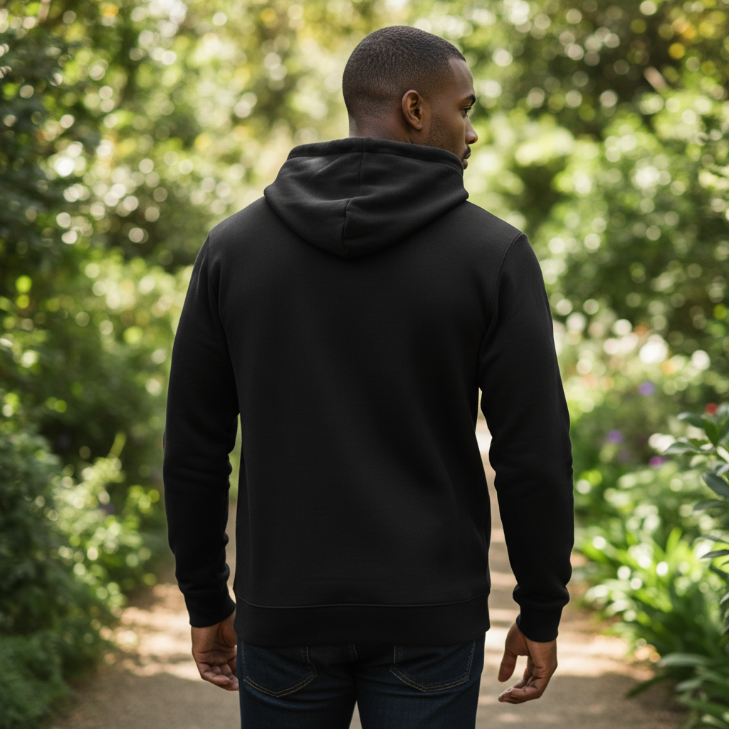 Hombre de espaldas vistiendo sudadera con capucha negra Cavalli Class en un entorno natural