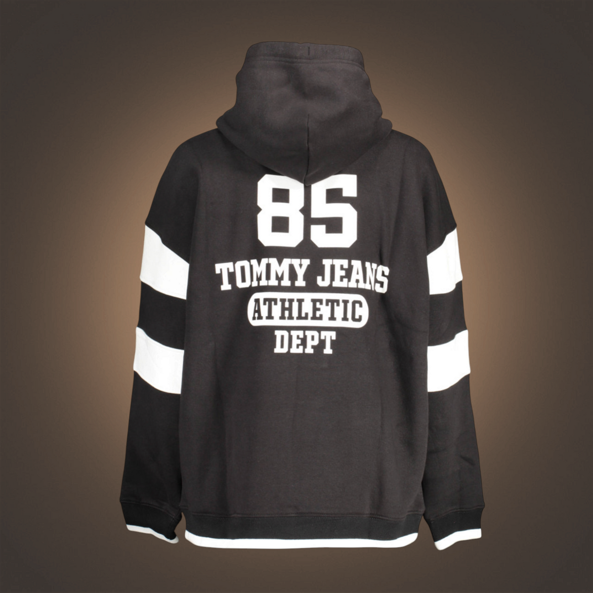 Sudadera con capucha negra liquidationlive con estampado deportivo blanco y rayas en las mangas