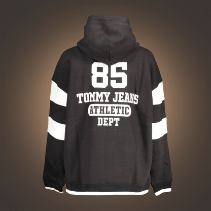 Sudadera con capucha negra liquidationlive con estampado deportivo blanco y rayas en las mangas