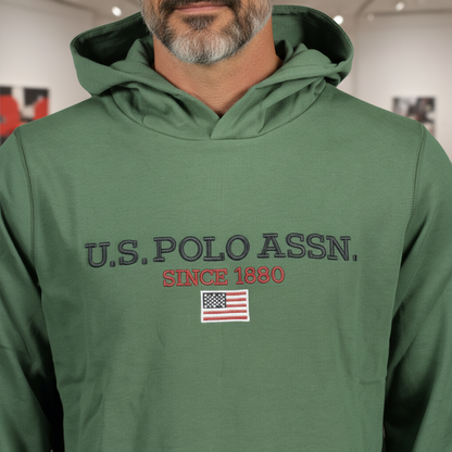 Sudadera con capucha verde de liquidationlive U.S. Polo Assn. con logo bordado y bandera estadounidense en el pecho