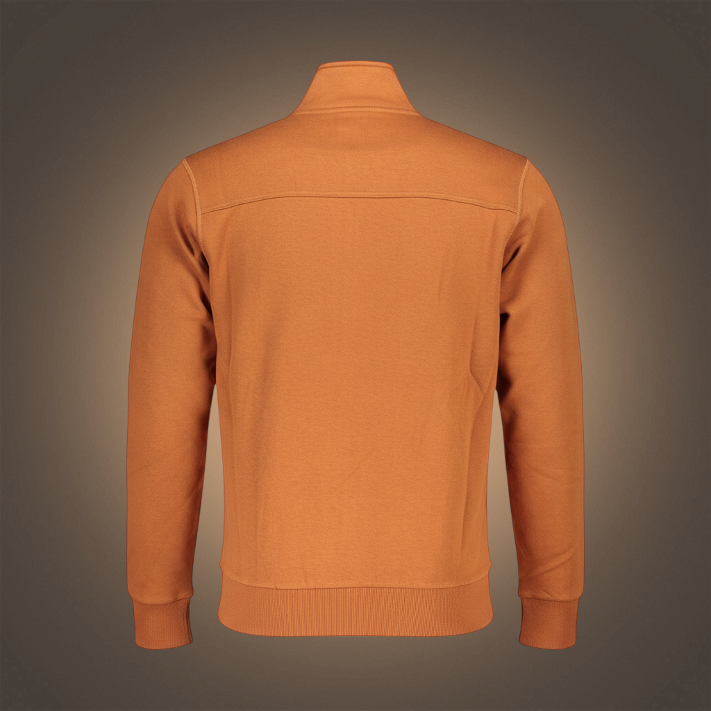 Vista trasera de sudadera con cremallera liquidationlive U.S. Grand en color naranja con cuello alto y puños elásticos