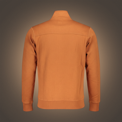 Vista trasera de sudadera con cremallera liquidationlive U.S. Grand en color naranja con cuello alto y puños elásticos