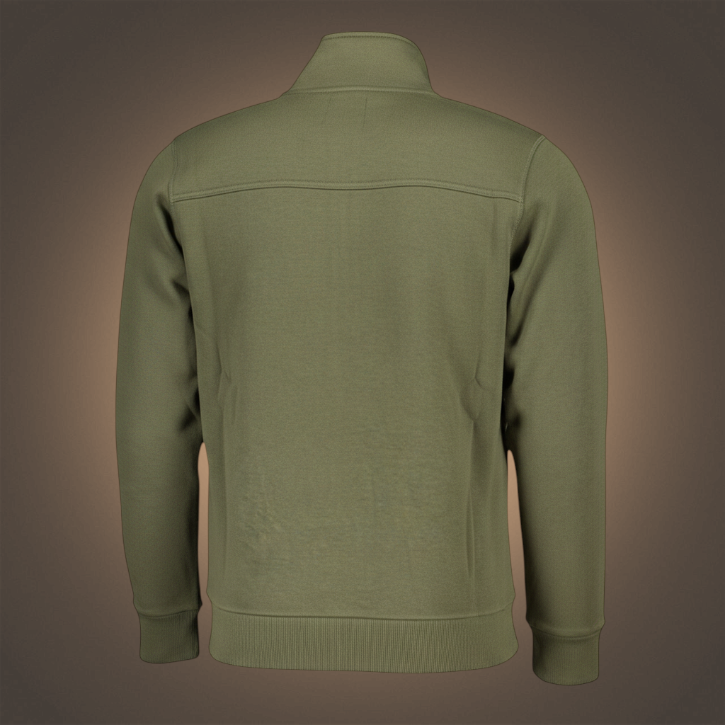 Vista trasera de sudadera con cremallera liquidationlive en color verde oliva con cuello alto y puños elásticos