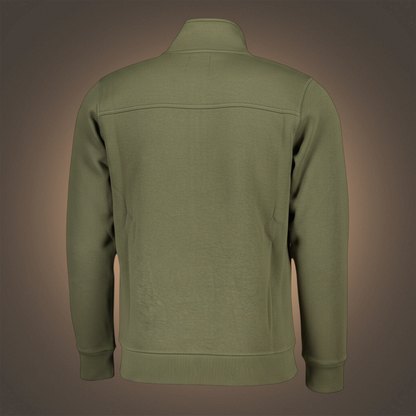 Vista trasera de sudadera con cremallera liquidationlive en color verde oliva con cuello alto y puños elásticos