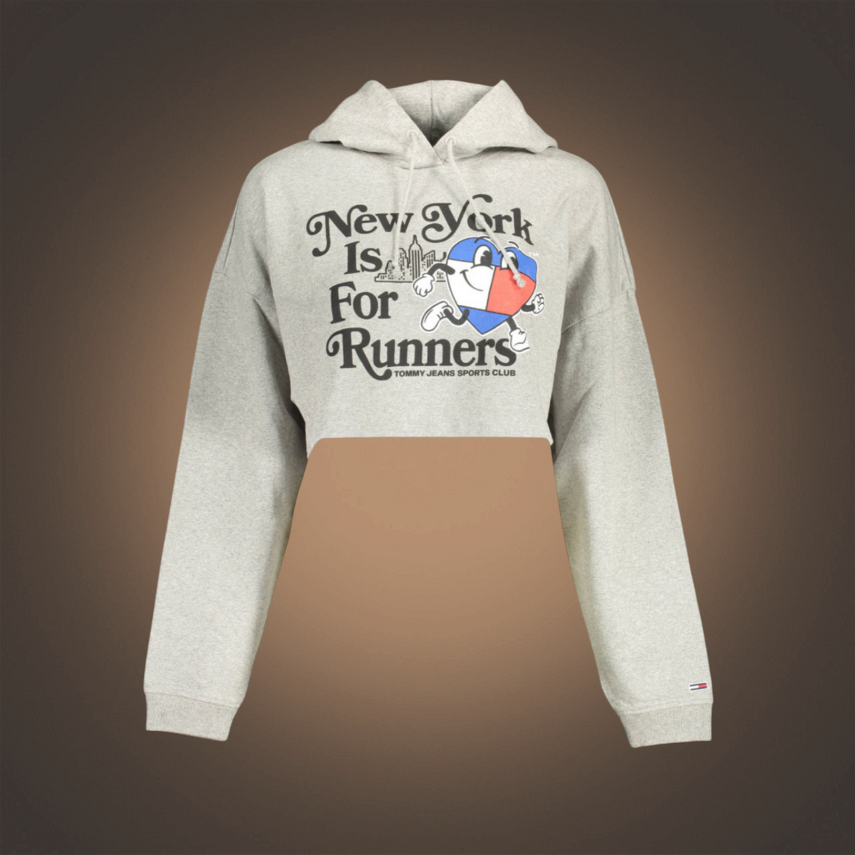 Sudadera cropped gris liquidationlive con capucha y gráfico New York Is For Runners en el frente