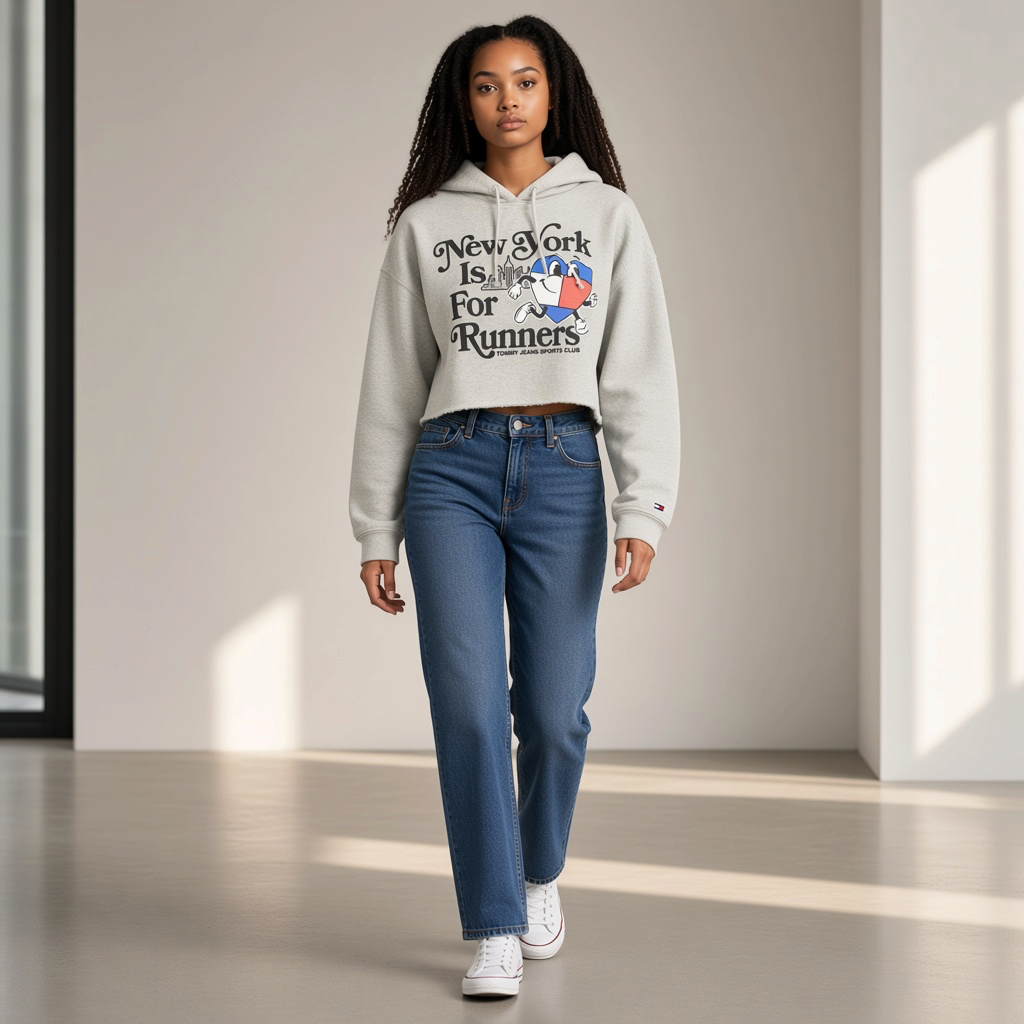 Modelo con sudadera cropped gris de liquidationlive con gráfico New York Is For Runners y capucha, estilo urbano.