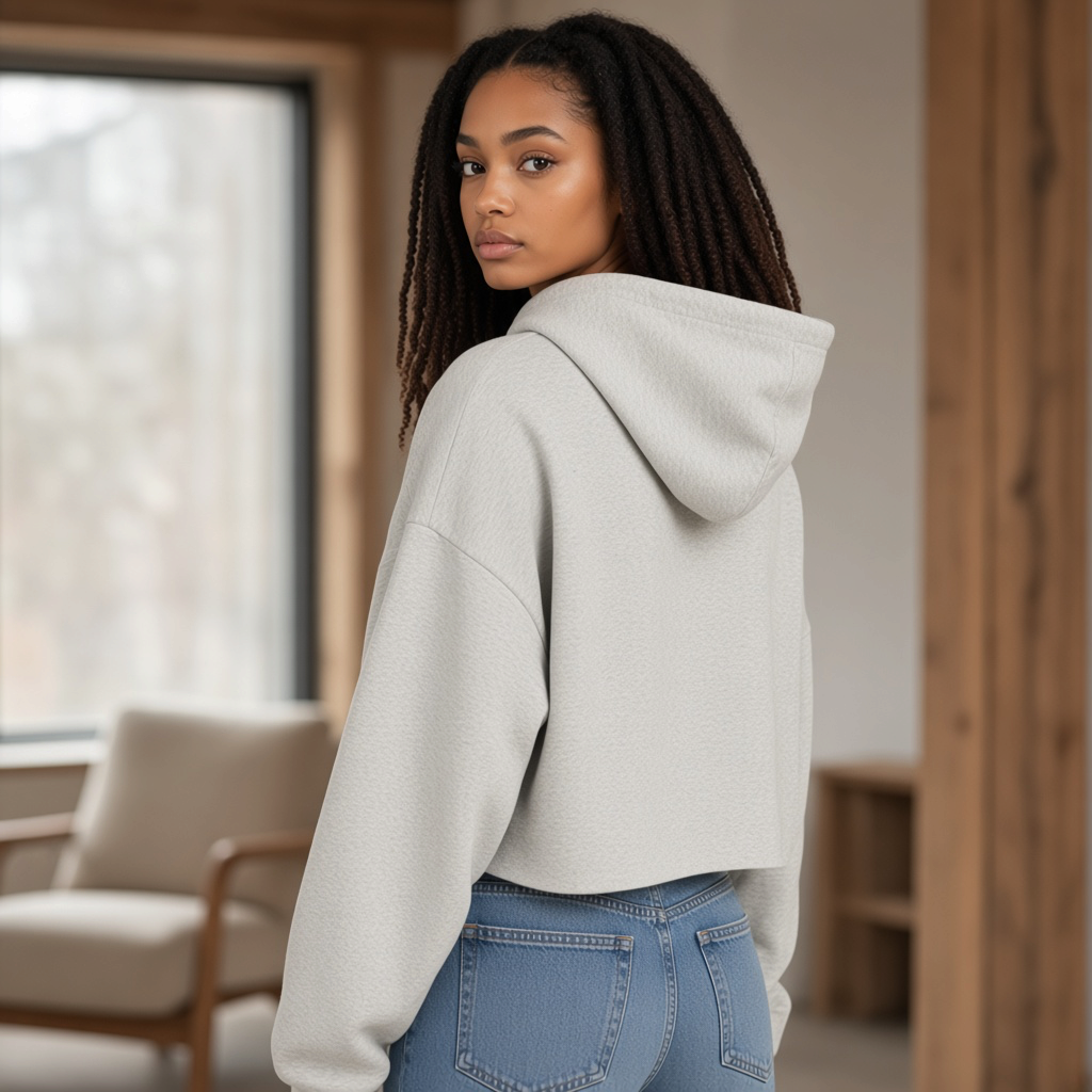 Modelo con sudadera cropped gris de liquidationlive Tommy Hilfiger, vista trasera con capucha y corte corto