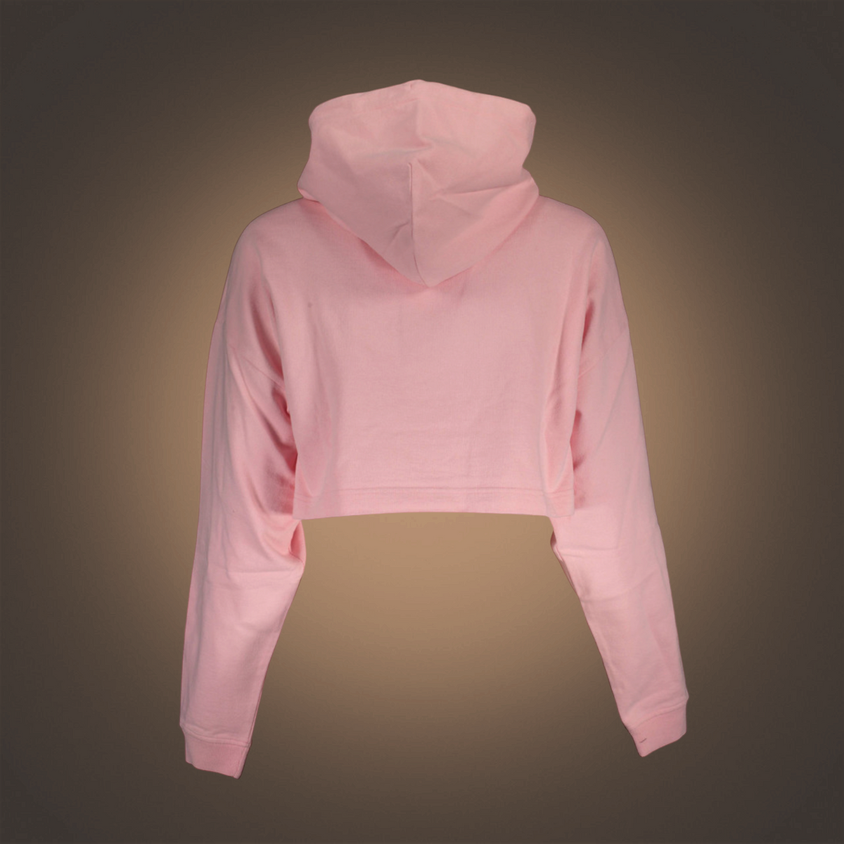 Vista trasera de sudadera cropped rosa de liquidationlive con capucha y mangas largas de estilo urbano