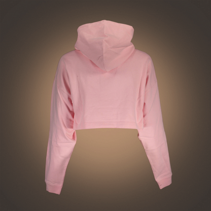 Vista trasera de sudadera cropped rosa de liquidationlive con capucha y mangas largas de estilo urbano