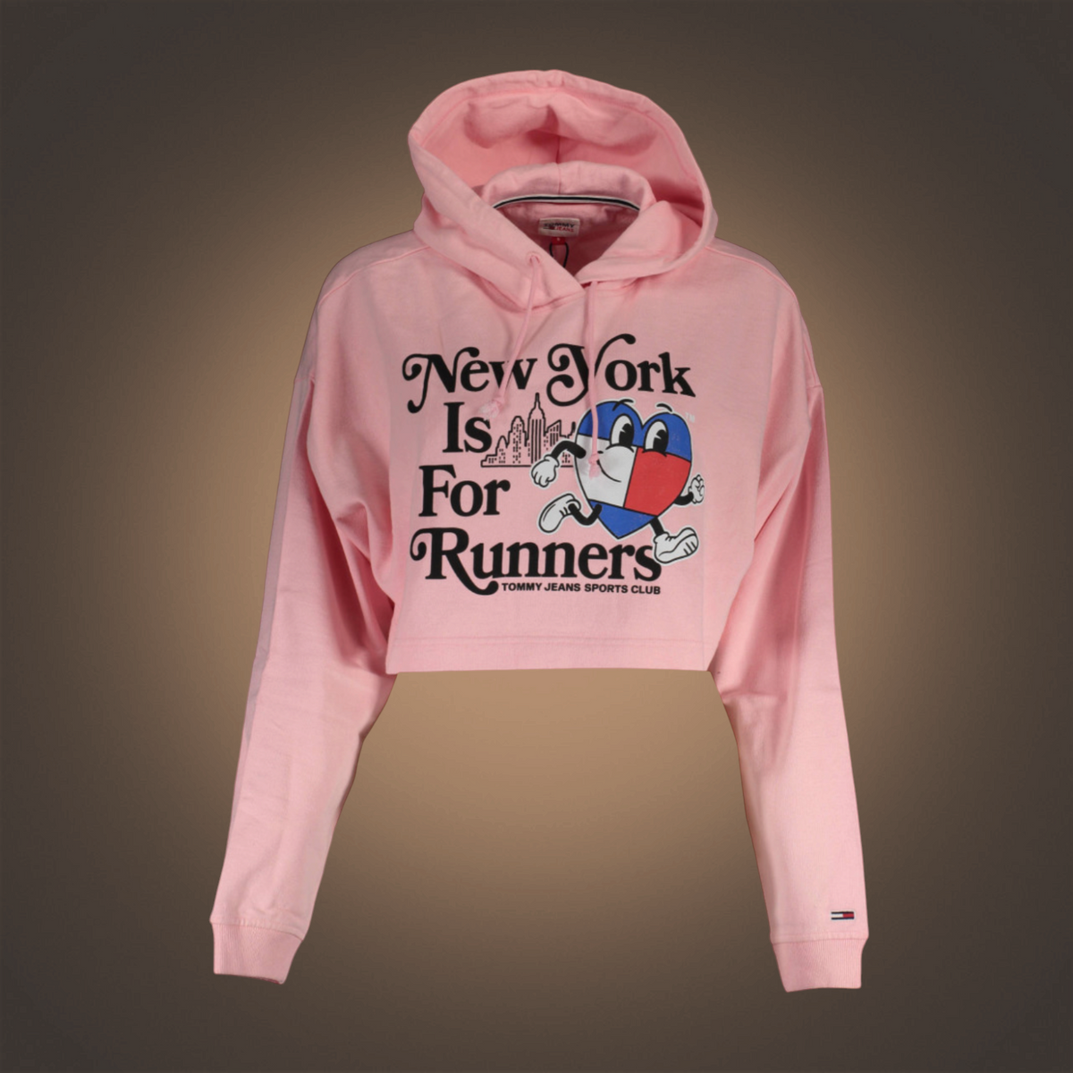 Sudadera cropped rosa liquidationlive Tommy Hilfiger con capucha y gráfico New York Is For Runners en el frente