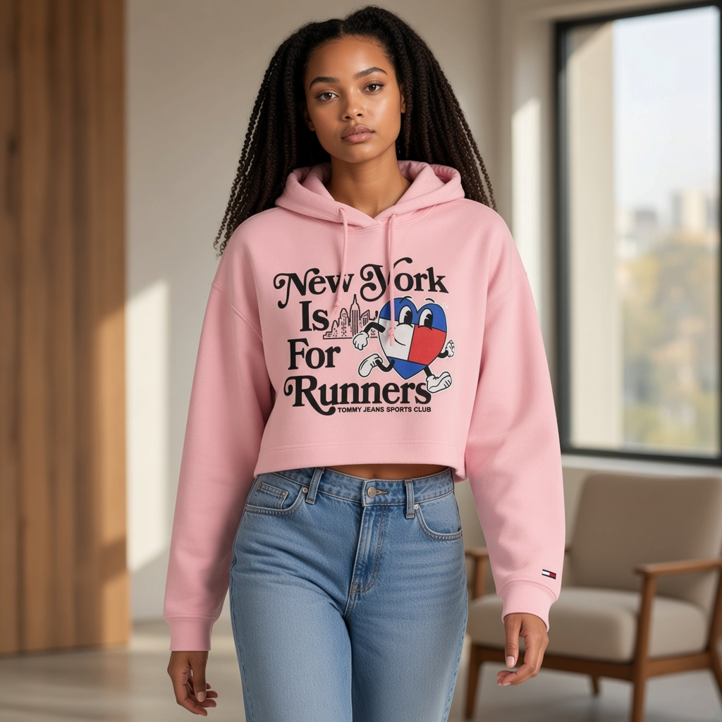 Modelo vistiendo sudadera cropped rosa de liquidationlive con gráfico New York Is For Runners y capucha con cordones