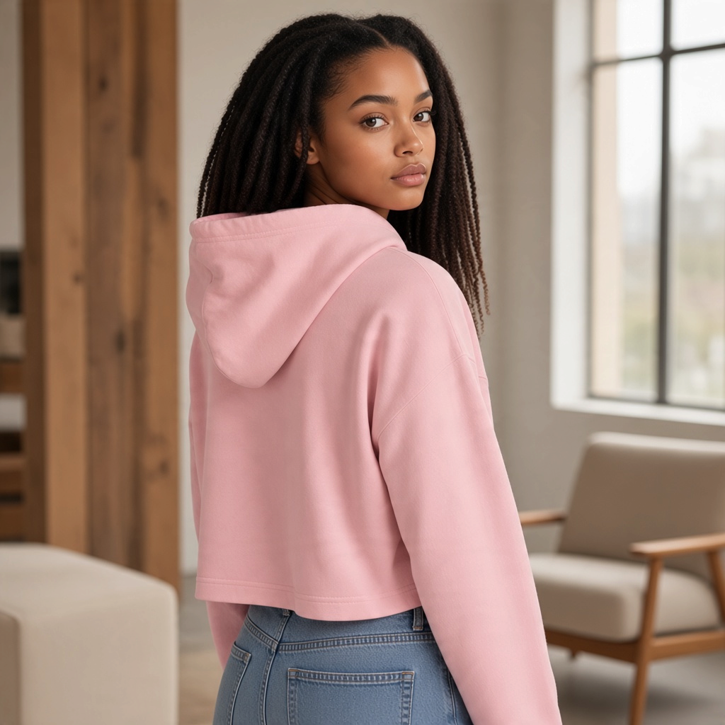 Modelo de espaldas vistiendo sudadera cropped rosa de liquidationlive con capucha y ajuste holgado