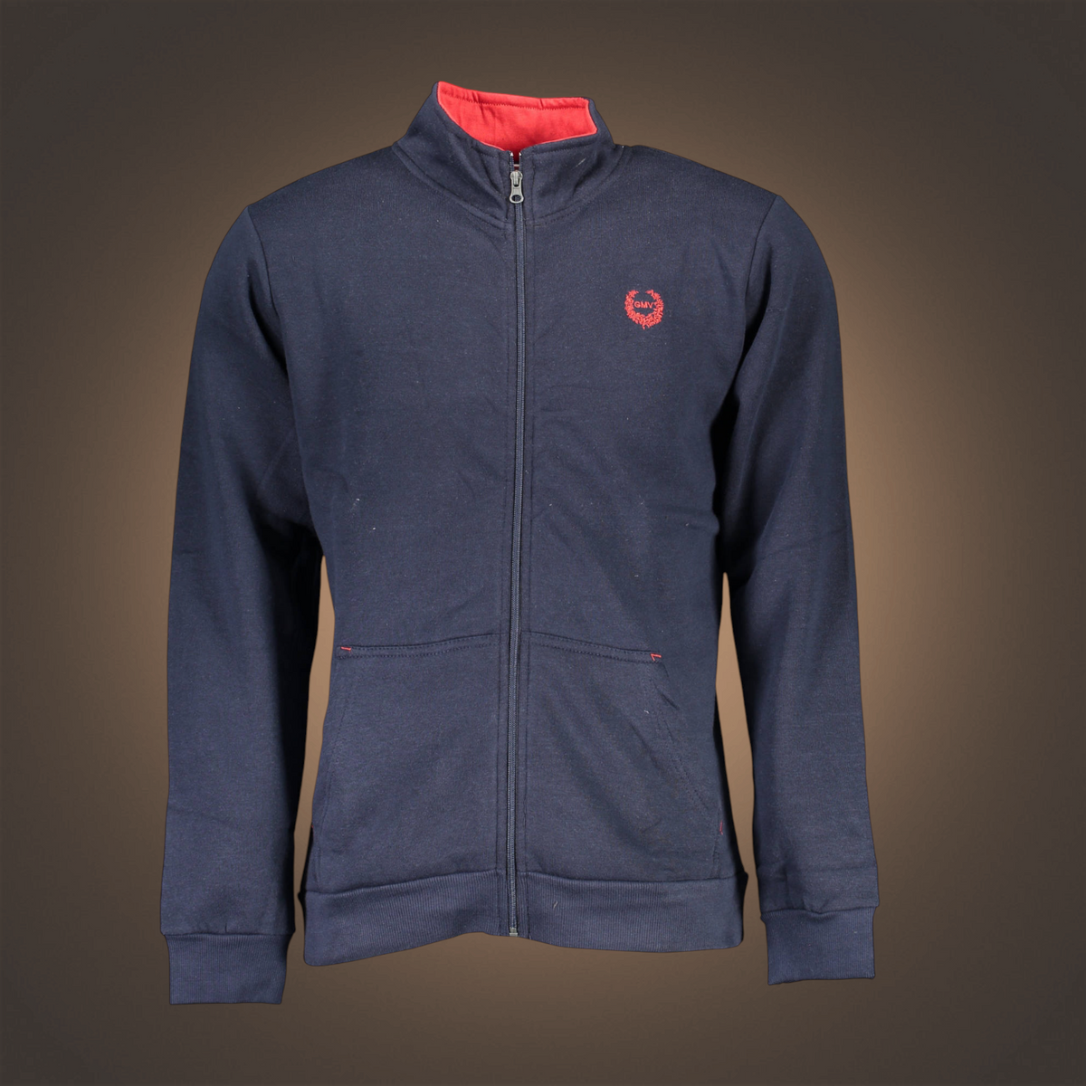 Sudadera liquidationlive Gian Marco Venturi azul marino con cremallera, cuello rojo y logotipo bordado en el pecho.