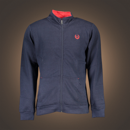 Sudadera liquidationlive Gian Marco Venturi azul marino con cremallera, cuello rojo y logotipo bordado en el pecho.