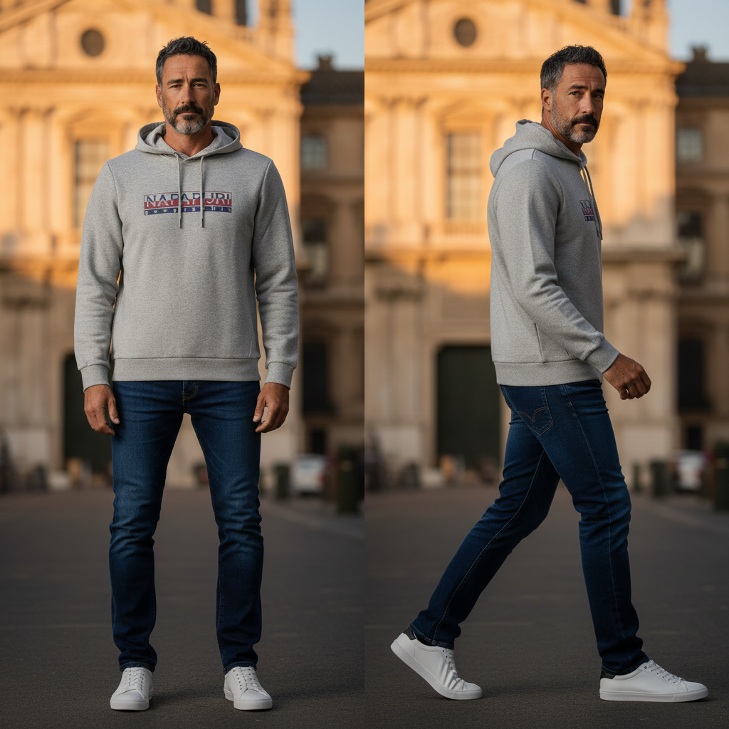Hombre con sudadera gris con capucha Napapijri de liquidationlive, jeans oscuros y zapatillas blancas en la calle