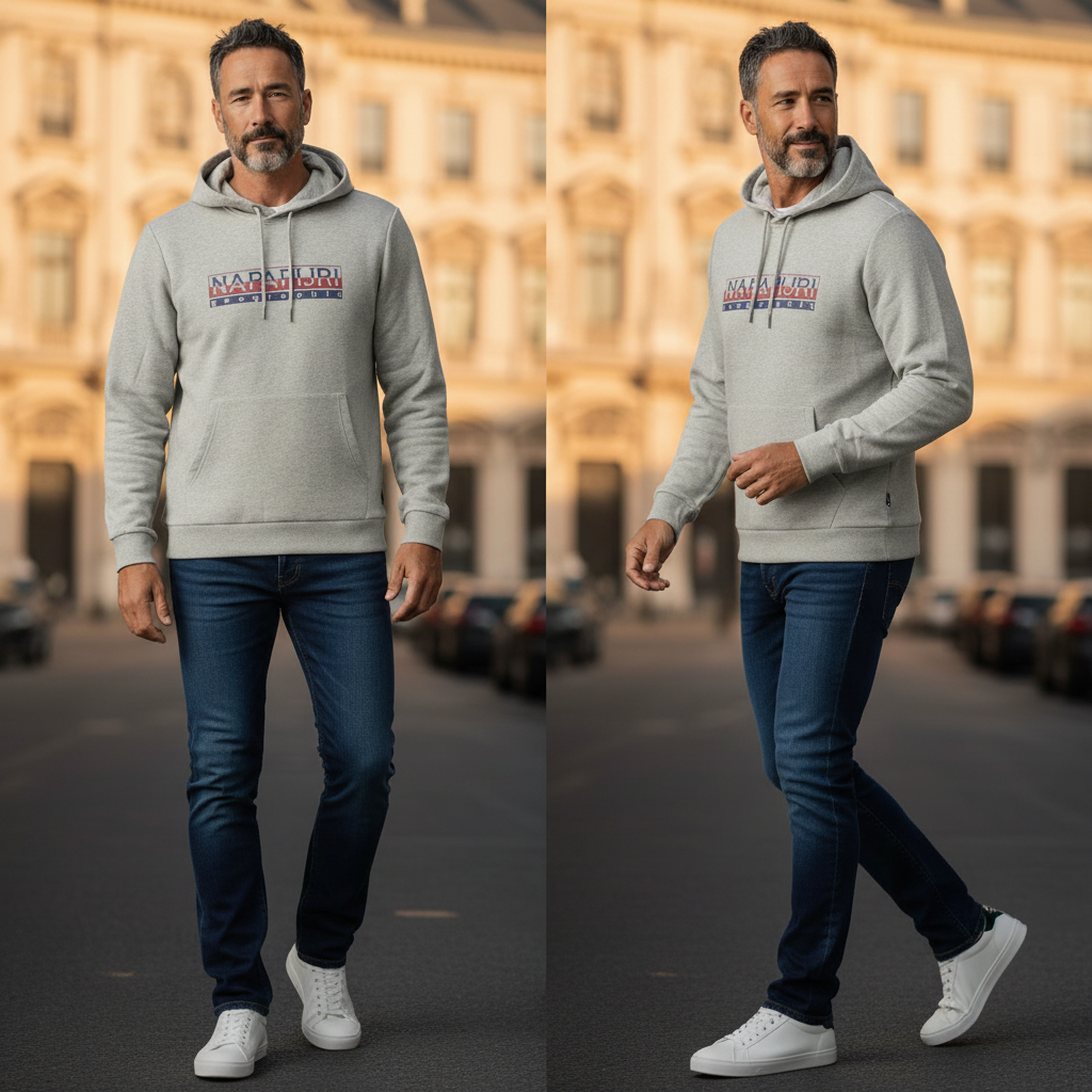 Hombre con sudadera gris con capucha Napapijri de liquidationlive, jeans oscuros y zapatillas blancas en la calle