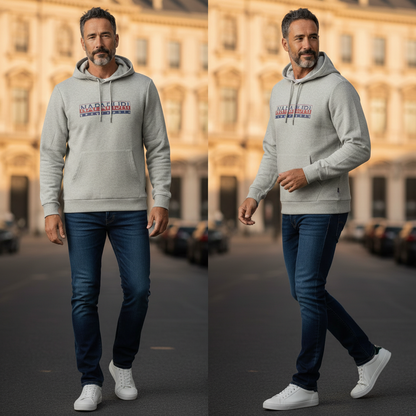 Hombre con sudadera gris con capucha Napapijri de liquidationlive, jeans oscuros y zapatillas blancas en la calle