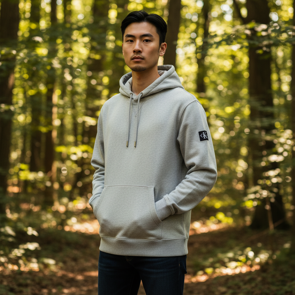 Hombre con sudadera gris con capucha Calvin Klein de liquidationlive, tejido polar y logo en la manga en un bosque