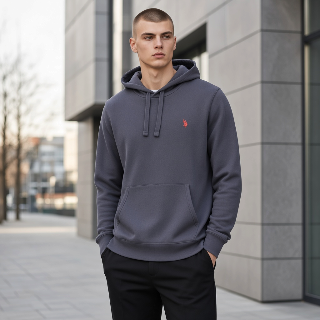 Hombre con sudadera gris con capucha liquidationlive, bolsillo frontal y logotipo bordado en rojo en el pecho