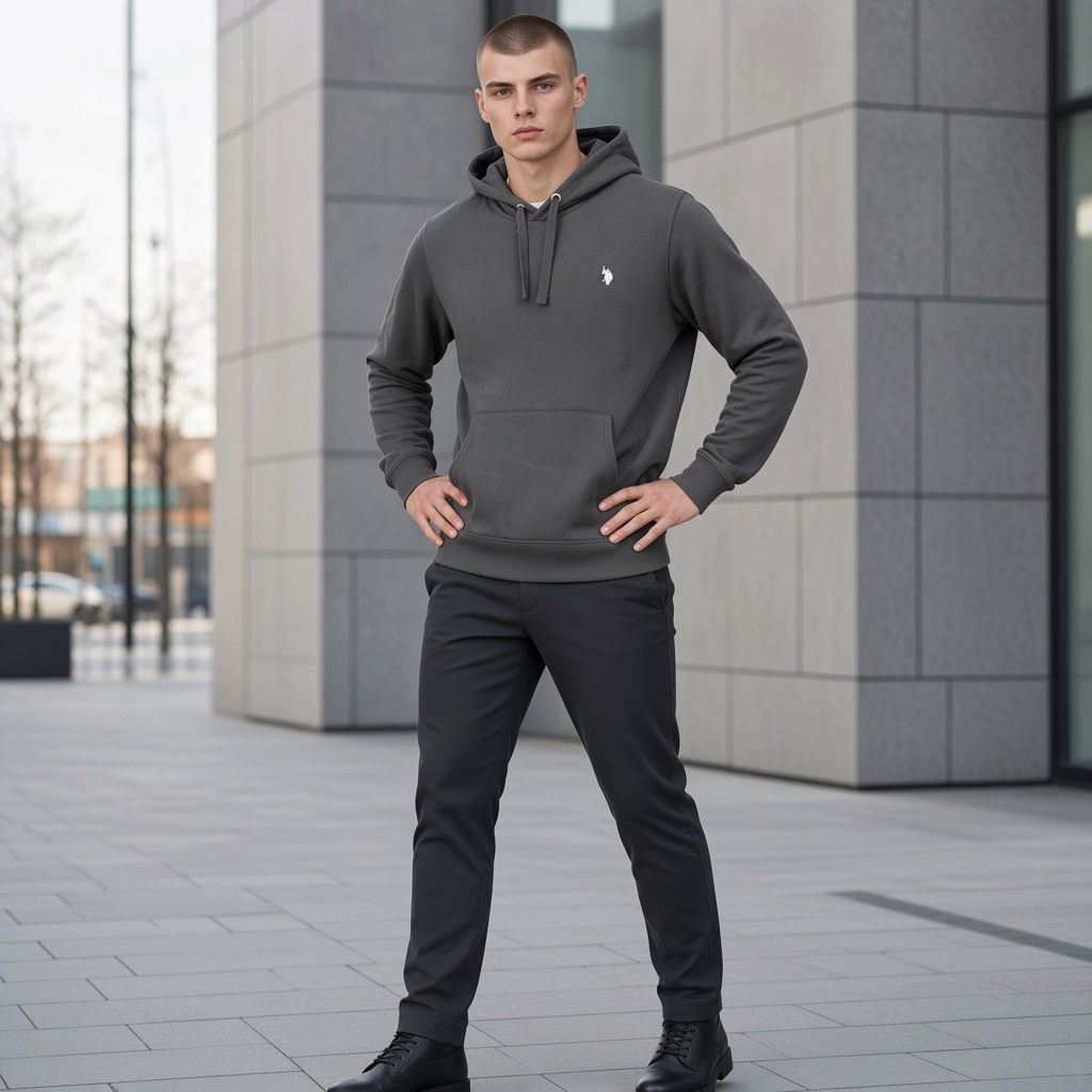 Hombre vistiendo sudadera gris con capucha liquidationlive con logotipo bordado y bolsillo frontal en entorno urbano