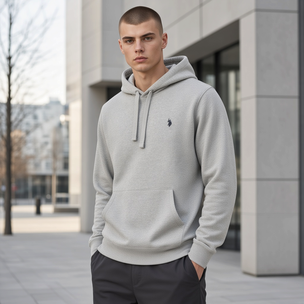 Hombre vistiendo sudadera gris con capucha de liquidationlive, con logotipo bordado y bolsillo frontal tipo canguro.