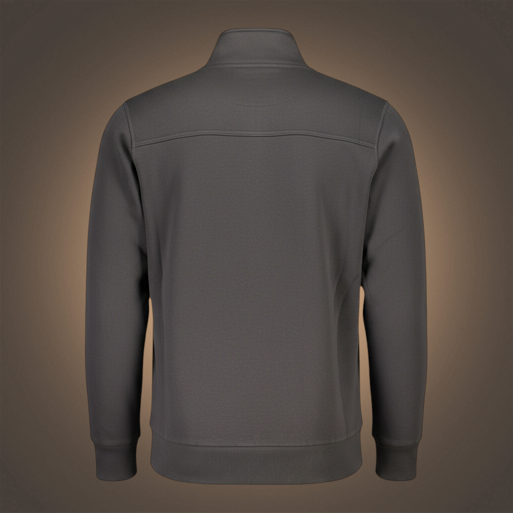 Vista trasera de sudadera gris con cremallera U.S. Grand de liquidationlive con cuello alto y puños elásticos