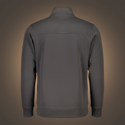 Vista trasera de sudadera gris con cremallera U.S. Grand de liquidationlive con cuello alto y puños elásticos