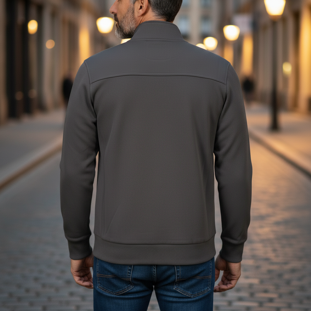 Vista trasera de sudadera gris con cremallera U.S. Grand para hombre, estilo casual con vaqueros en calle urbana