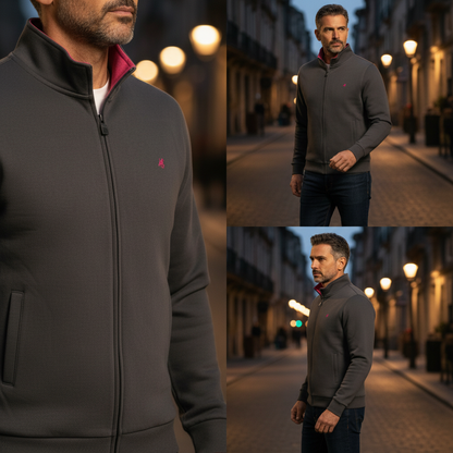 Sudadera gris con cremallera U.S. Grand de liquidationlive con cuello alto, bolsillos y bordado en el pecho.