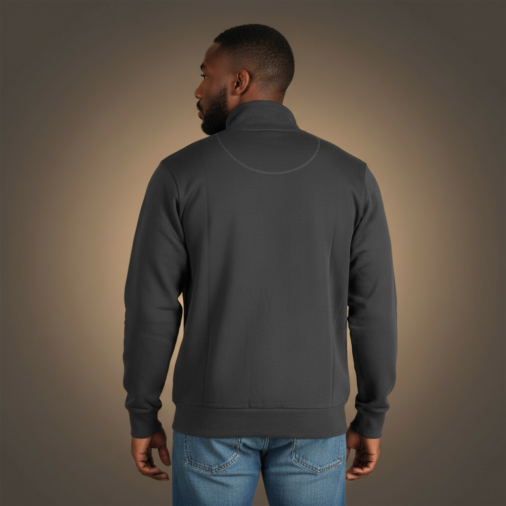 Vista trasera de sudadera gris con cremallera La Martina sobre modelo masculino con vaqueros azules