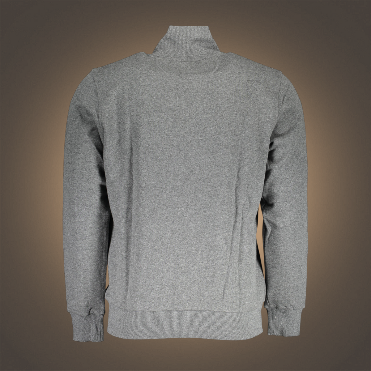 Vista trasera de sudadera gris con cremallera de liquidationlive, diseño de manga larga con cuello alto