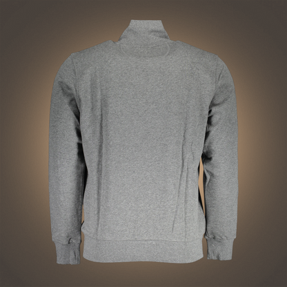 Vista trasera de sudadera gris con cremallera de liquidationlive, diseño de manga larga con cuello alto