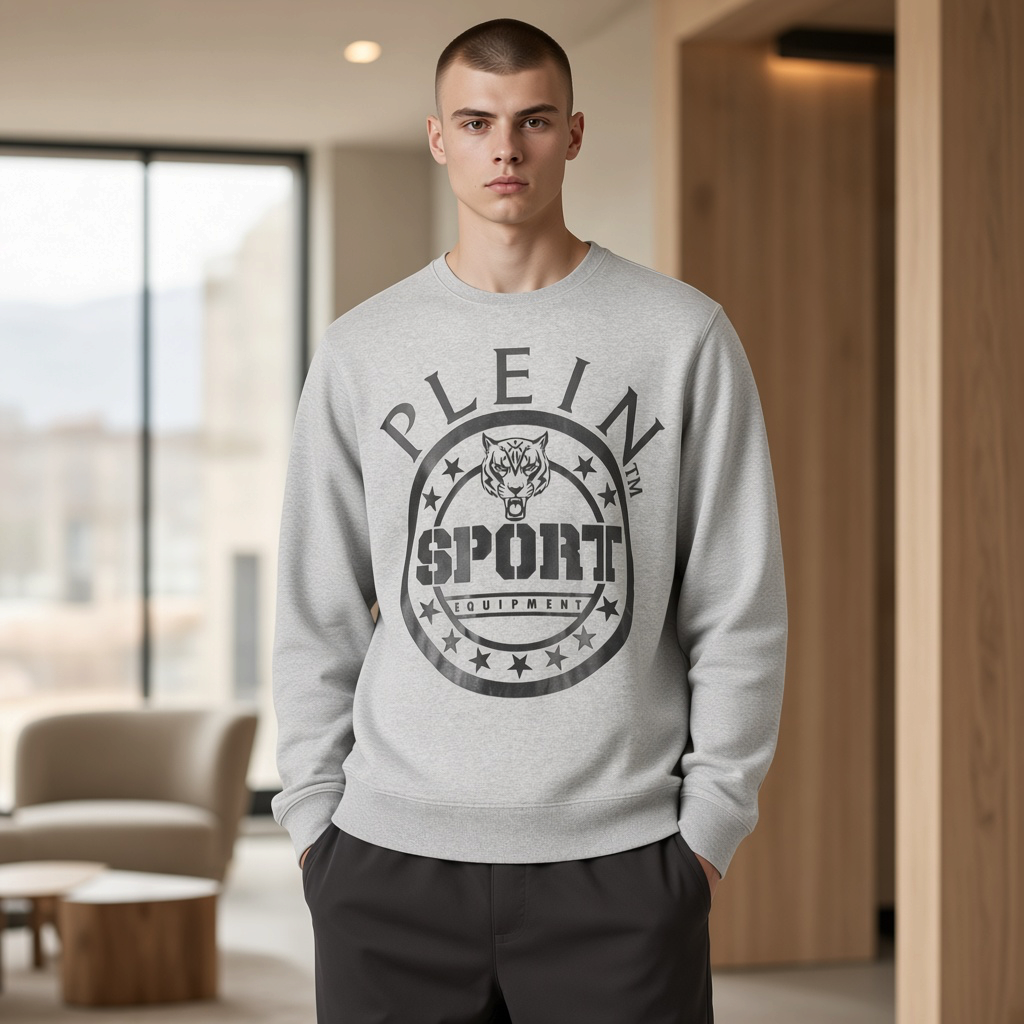 Hombre vistiendo sudadera gris de cuello redondo Plein Sport con estampado gráfico de tigre en el pecho