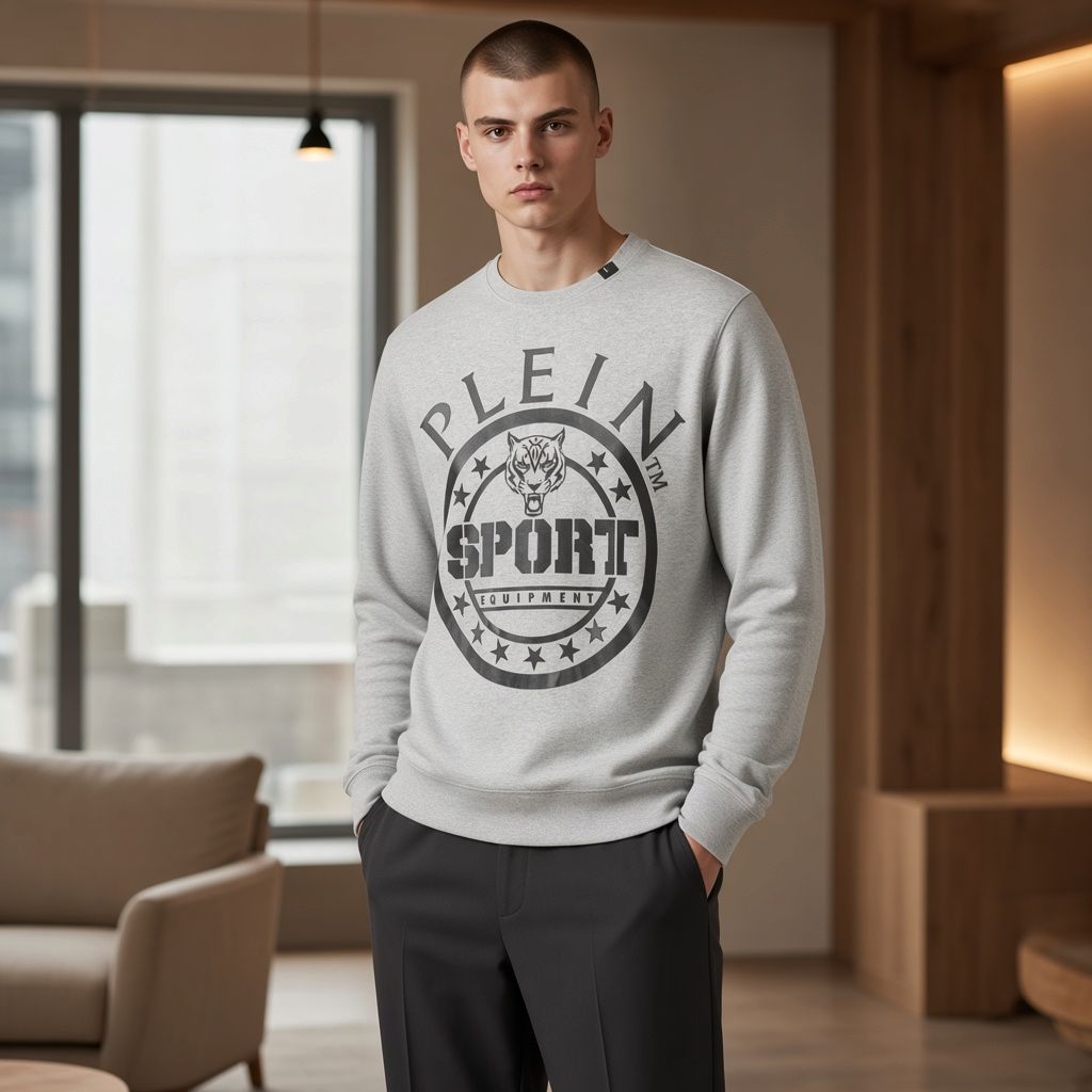 Hombre vistiendo sudadera gris de cuello redondo Plein Sport con estampado circular de tigre y logotipo en el pecho