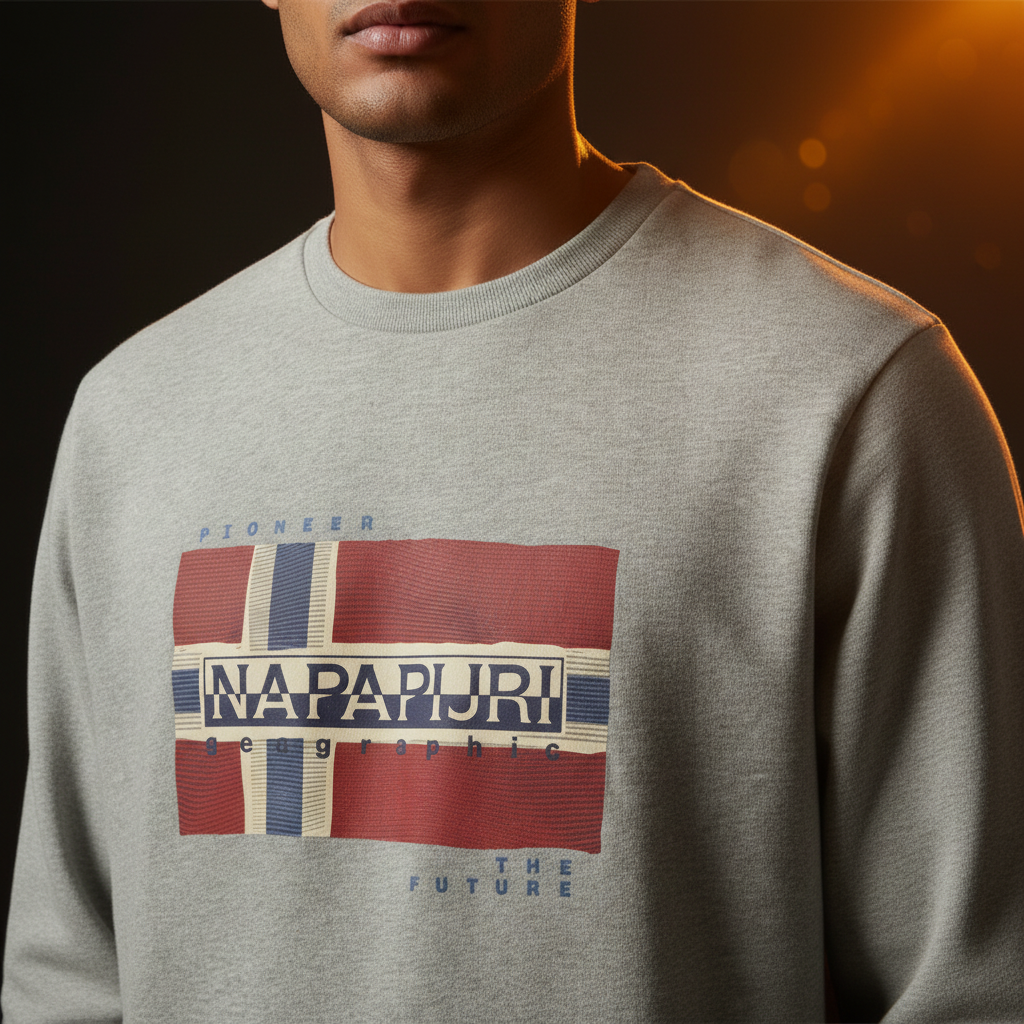 Sudadera gris de cuello redondo Napapijri con estampado de bandera y logo de liquidationlive para un look casual